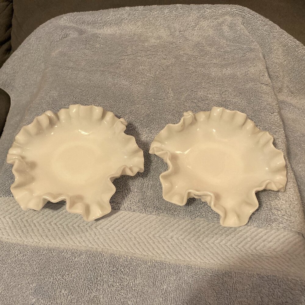 VTG 1950's Fenton Hobnail Milk Glass 6" Double Crimped Bon Bon Dishes (2)-EUC